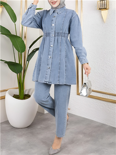 Beli Lastikli Boydan Düğmeli Ceket Pantolon Kot Takım -Buz Mavi