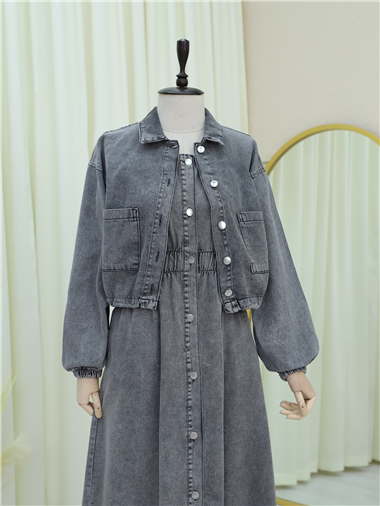 Beli Lastikli Boydan Düğmeli Jile Ceket Takım -Füme