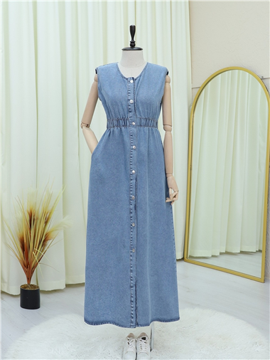 Beli Lastikli Boydan Düğmeli Jile Ceket Takım -Buz Mavi