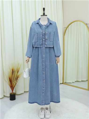 Beli Lastikli Boydan Düğmeli Jile Ceket Takım -Buz Mavi