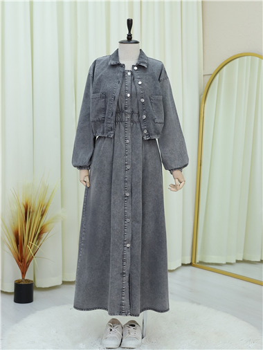 Beli Lastikli Boydan Düğmeli Jile Ceket Takım -Füme