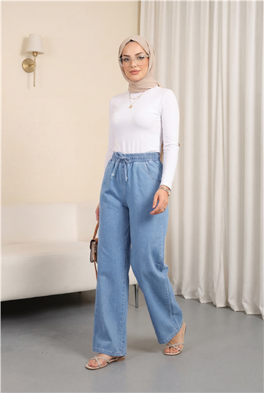 Womens Elastic-Waist Pocket Wide-Leg Jeans - Light Blue