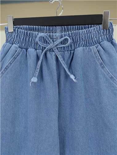 Beli Lastikli Cepli Bol Paça Kot Pantolon      -Açık Mavi