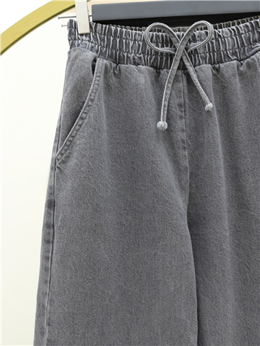 Beli Lastikli Cepli Bol Paça Kot Pantolon   -Füme