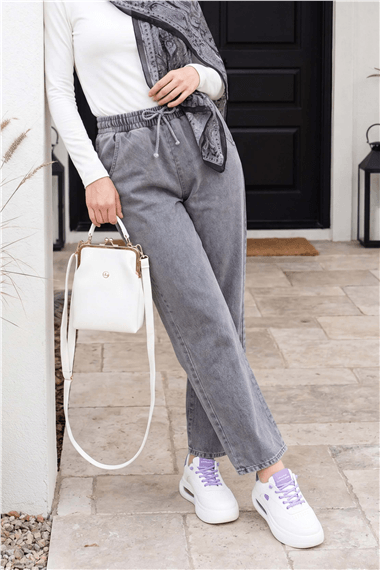 Womens Elastic-Waist Pocket Wide-Leg Jeans - Charcoal