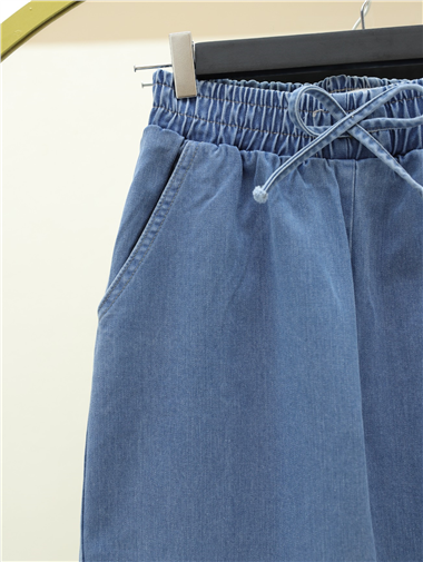 Beli Lastikli Cepli Bol Paça Kot Pantolon   -Koyu Mavi