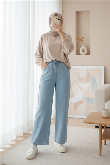 Beli Lastikli Cepli Bol Paça Kot Pantolon       -Bebe Mavi