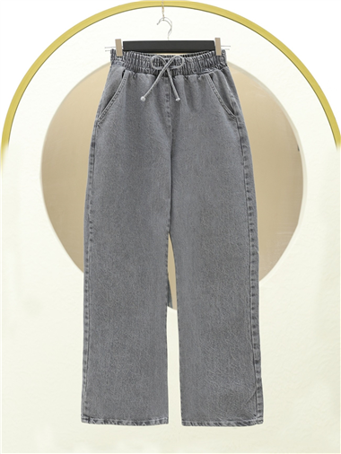 Beli Lastikli Cepli Bol Paça Kot Pantolon   -Füme