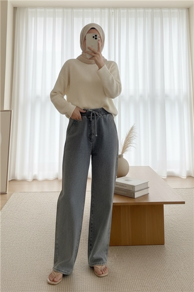Beli Lastikli Cepli Bol Paça Kot Pantolon   -Füme