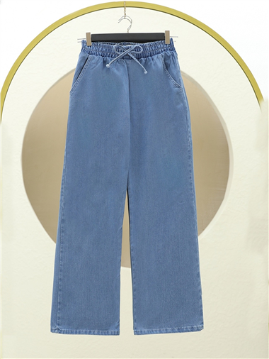 Beli Lastikli Cepli Bol Paça Kot Pantolon   -Koyu Mavi