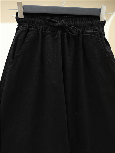 Beli Lastikli Cepli Bol Paça Kot Pantolon  -Siyah
