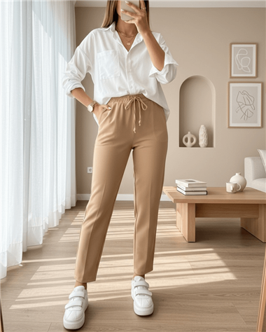 Beli Lastikli Çift Cepli Bağcık Detaylı Pantolon -Açık Vizon