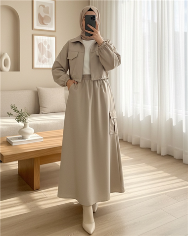 Beli Lastikli Etekli Bonding Takım  -Bej