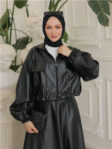 Beli Lastikli Fermuarlı Deri Ceket -Siyah