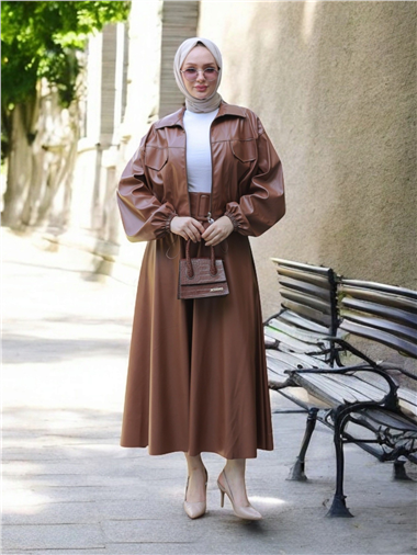 Beli Lastikli Fermuarlı Deri Ceket -Taba