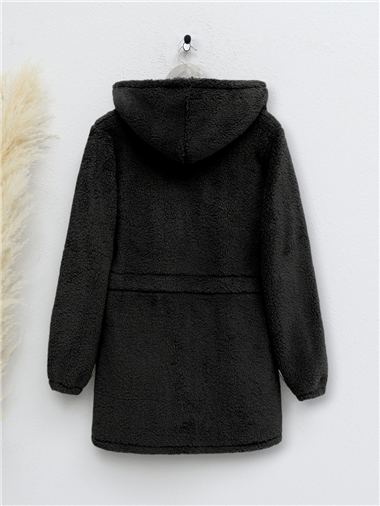 Beli Lastikli Kapşonlu Fermuarlı Peluş Mont -Siyah