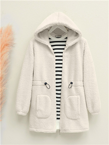 Beli Lastikli Kapşonlu Fermuarlı Peluş Mont  -Bej