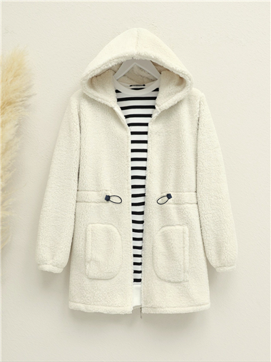 Beli Lastikli Kapşonlu Fermuarlı Peluş Mont -Ekru