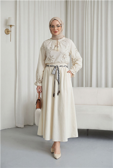 Beli Lastikli Kemerli Cepli Keten Etek -Ekru