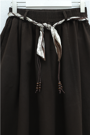 Beli Lastikli Kemerli Cepli Keten Etek -Kahve