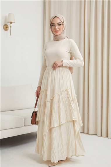 Beli Lastikli Keten Vual Katlı Etek -Ekru