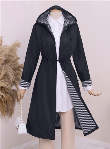 Beli Lastikli Kolu Katlamalı Kapşonlu Trenckot -Laci