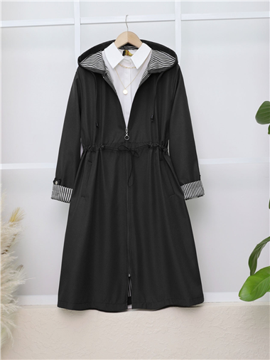 Beli Lastikli Kolu Katlamalı Kapşonlu Trenckot -Siyah