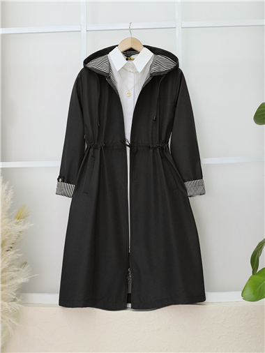 Beli Lastikli Kolu Katlamalı Kapşonlu Trenckot -Siyah