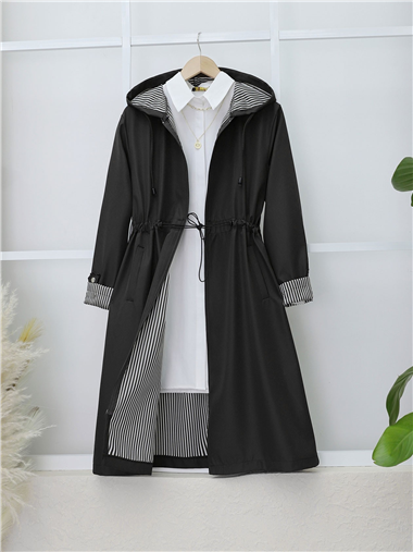 Beli Lastikli Kolu Katlamalı Kapşonlu Trenckot -Siyah