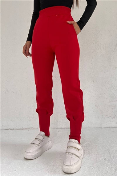 Beli Lastikli Paçası Dikişli Cepli Scuba Pantolon -Kırmızı