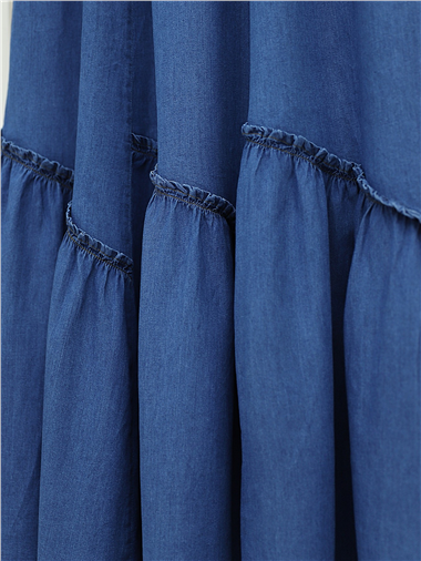 Beli Lastikli Parça Kumaş Kot Etek -İndigo