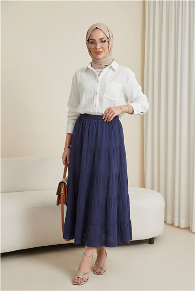 Beli Lastikli Parçalı Müslin Etek -Laci