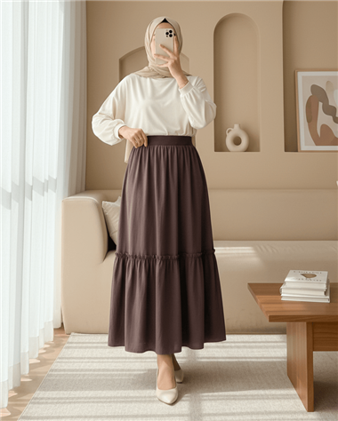 Beli Lastikli Poplin Etek -Kahve
