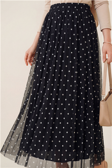 Beli Lastikli Puantiyeli Astarlı Tül Etek  -K. Kahve