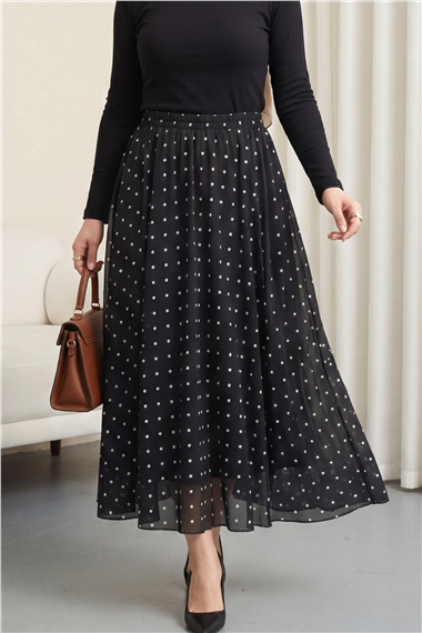 Beli Lastikli Puantiyeli Astarlı Tül Etek -Siyah