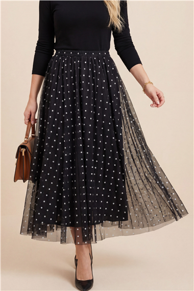 Beli Lastikli Puantiyeli Astarlı Tül Etek  -K. Kahve