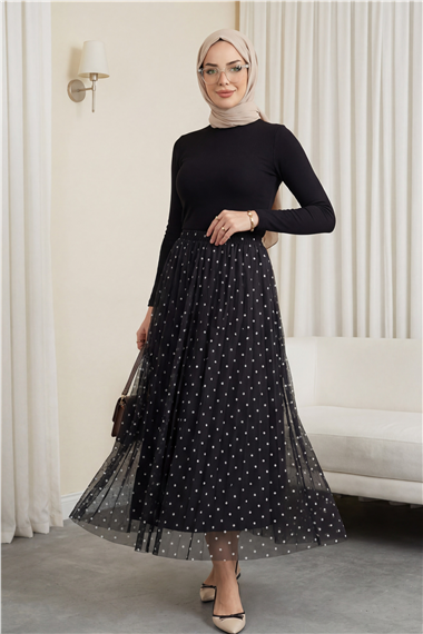 Beli Lastikli Puantiyeli Astarlı Tül Etek  -K. Kahve