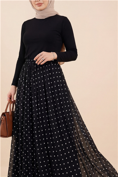 Beli Lastikli Puantiyeli Astarlı Tül Etek -Siyah