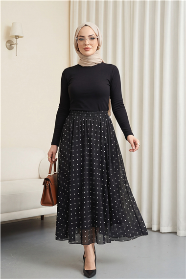 Beli Lastikli Puantiyeli Astarlı Tül Etek -Siyah