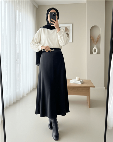 Beli Lastikli Saten Etek -Siyah