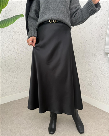 Beli Lastikli Saten Etek -Siyah