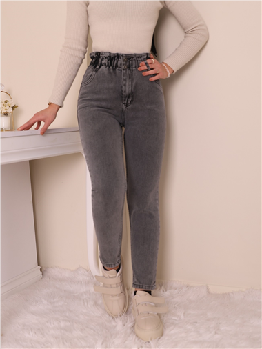 Beli Lastikli Yüksek Bel Kot Pantolon -Gri