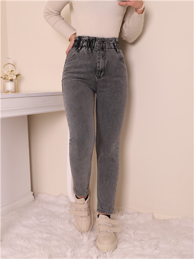 Beli Lastikli Yüksek Bel Kot Pantolon -Gri