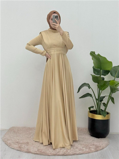 Beli Plise Detaylı Önü Çift Kat Saten Abiye  -Sarı