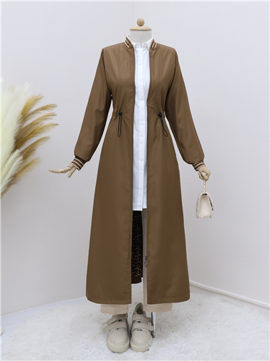 Beli Tünel Bağcıklı Cepli Trenckot -Taba