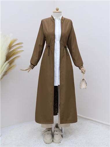 Beli Tünel Bağcıklı Cepli Trenckot -Taba