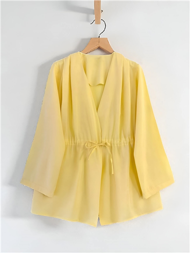 Beli Tünel Bağcıklı Modal Kimono  -Açık Sarı