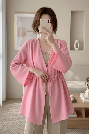 Beli Tünel Bağcıklı Modal Kimono  -Pembe