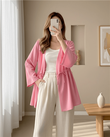 Beli Tünel Bağcıklı Modal Kimono  -Pembe