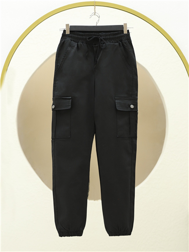 Beli ve Paçası Lastikli Bağcıklı Kargo Kot Pantolon -Siyah